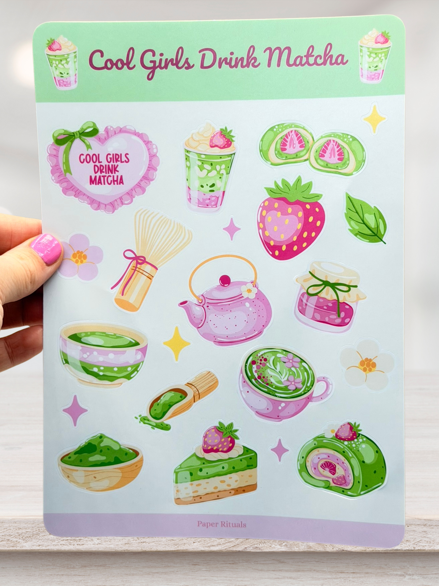 Cool Girls Drink Matcha | Strawberry Matcha Sticker Sheet