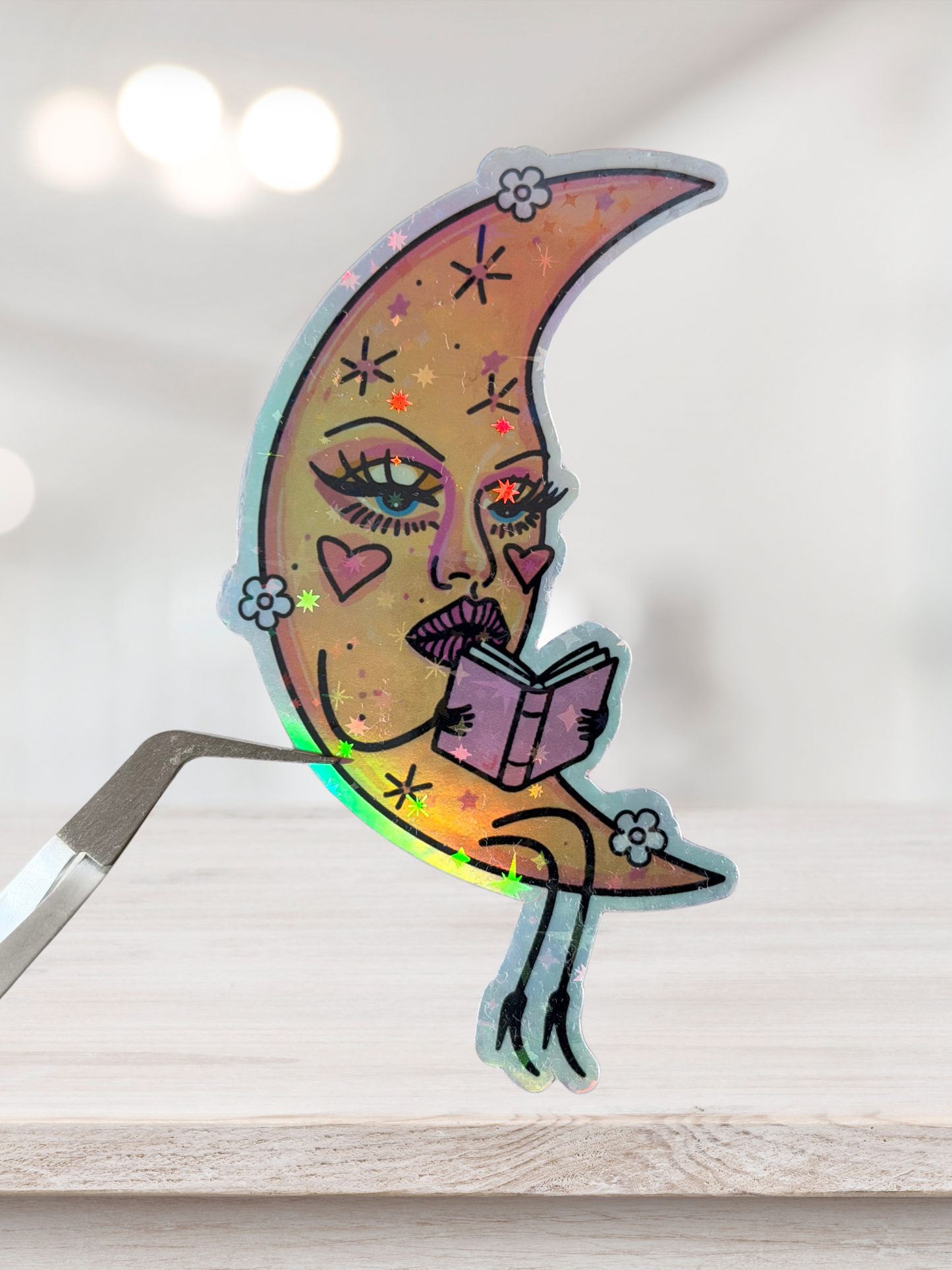 Moon Reader Sticker | Holographic Sparkle Bookish Sticker