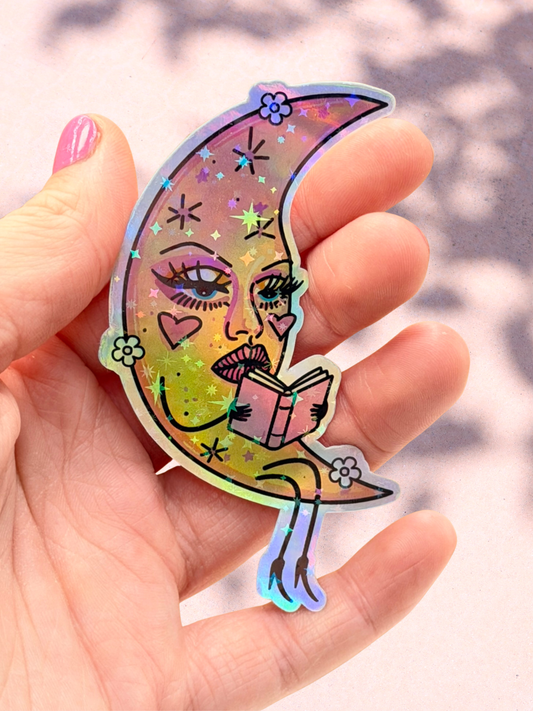 Moon Reader Sticker | Holographic Sparkle Bookish Sticker