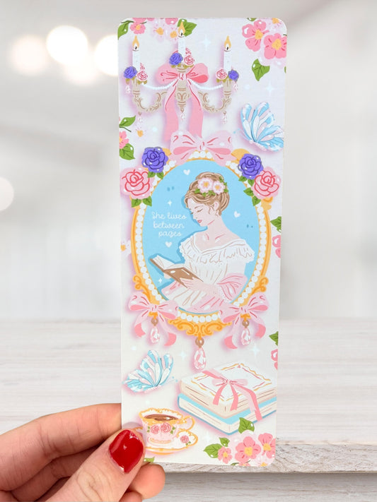 She Lives Between Pages Bookmark | Feminine Bookish Bookmark
