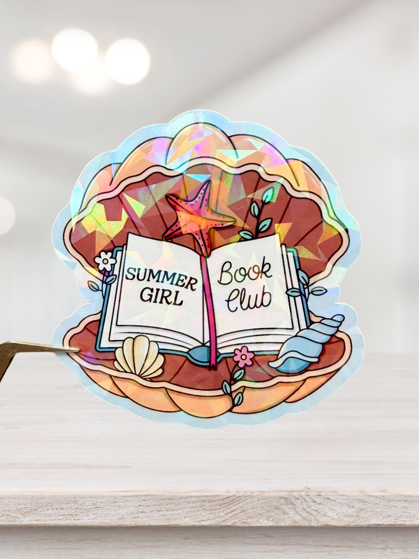 Summer Girl Book Club Sticker | Holographic Fleck Bookish Seashell Sticker