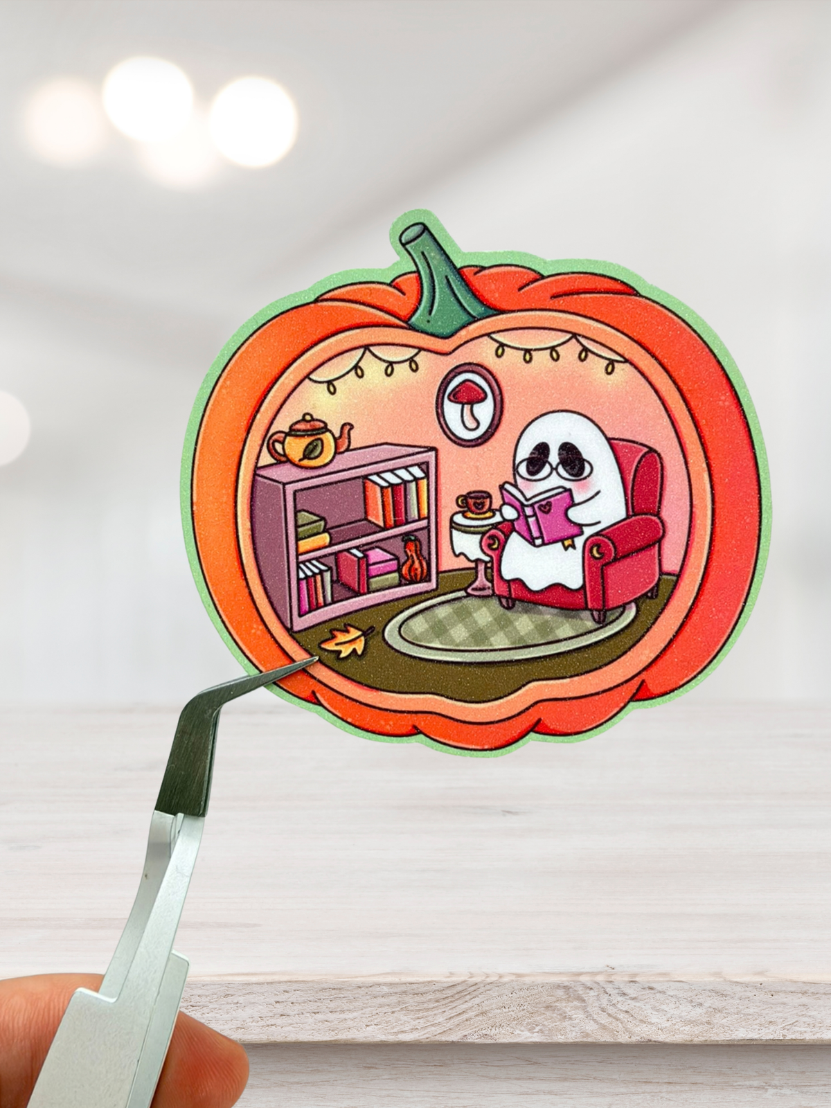 Cosy Pumpkin Reading Ghost Sticker | Textured Glitter Overlay