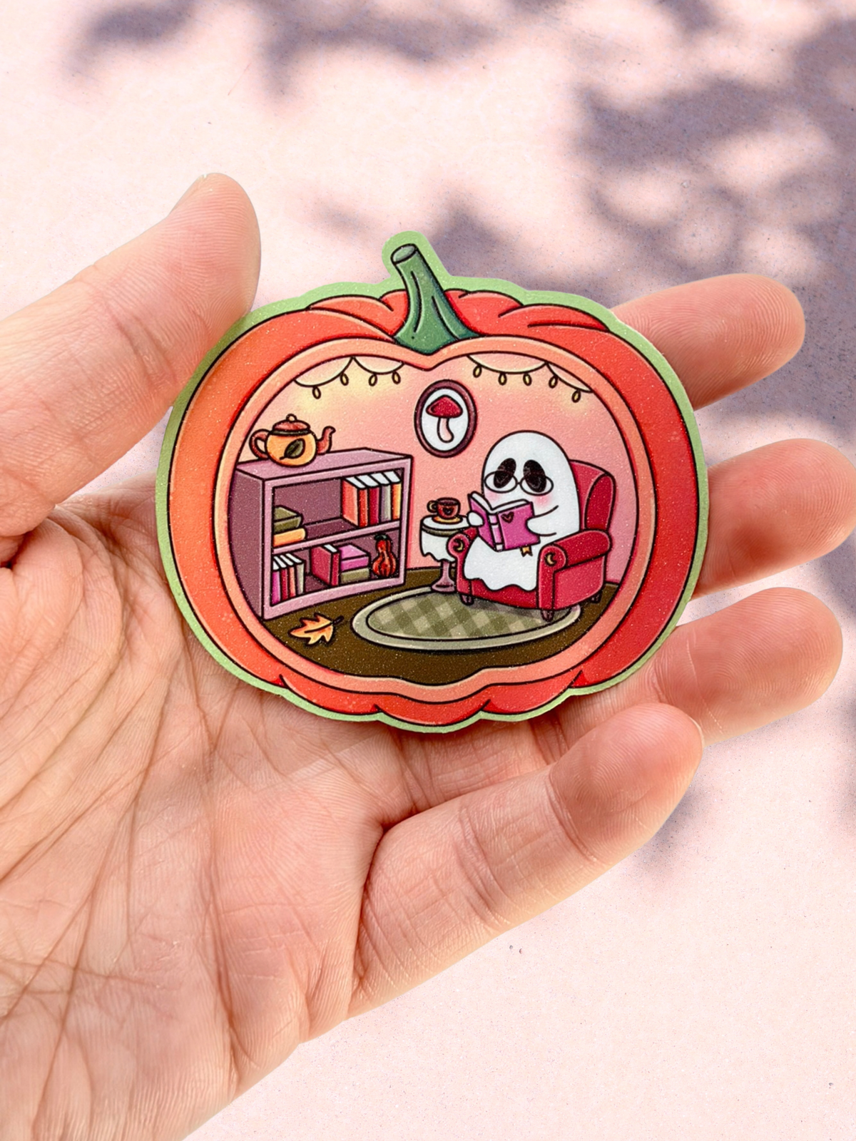 Cosy Pumpkin Reading Ghost Sticker | Textured Glitter Overlay
